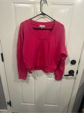 Michael Stars Cropped V-Neck Sweatshirt in Hot Pink